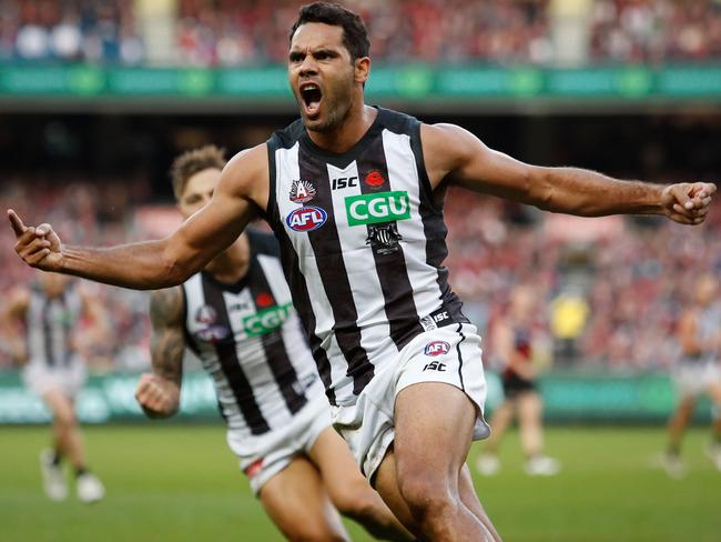 Wells celebrates his first goal as a Magpie — in the Round 5 Anzac Day clash. Picture: Getty Images