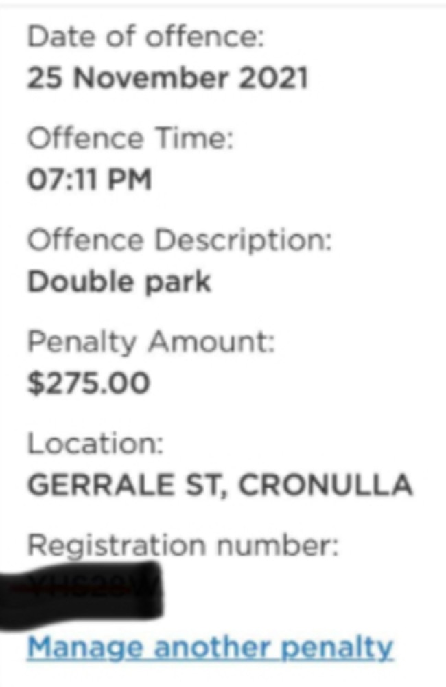 A Sydney driver copped a $275 fine for stopping and waiting for a park. Picture: Facebook