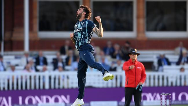 Reece Topley of England celebrates after dismissing Prasidh Krishna. Photo by Mike Hewitt/Getty Images