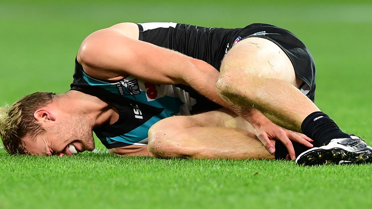 Port’s Jack Watts suffered a serious ankle injury in the Power’s win over Carlton. Picture: Getty Images