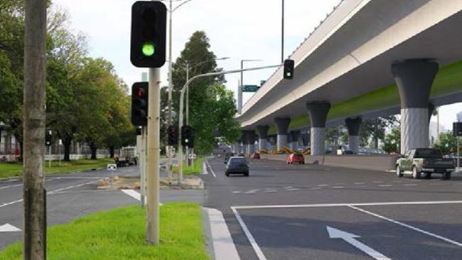 How the elevated road over Footscray Road will look with the new bridge. Picture: City of Melbourne