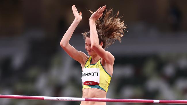 Nicola McDermott of Team Australia reacts as she completes her first jump. Picture: Ryan Pierse/Getty Images)