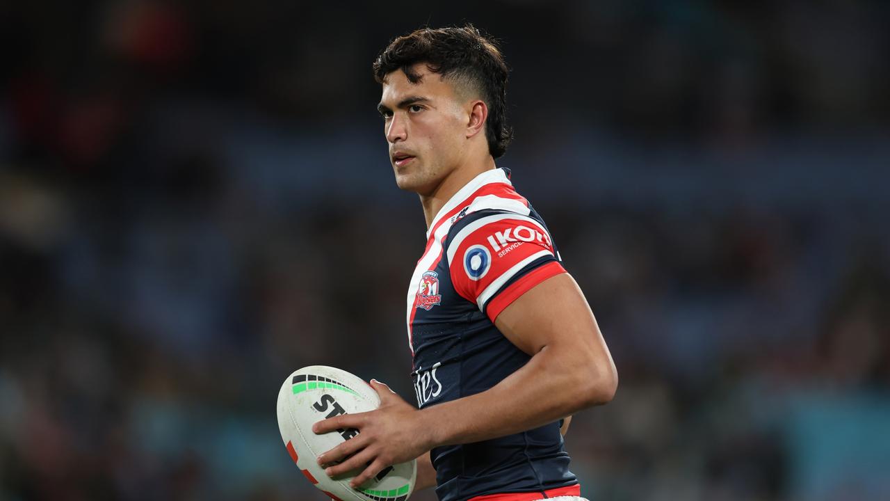 SYDNEY, AUSTRALIA - SEPTEMBER 01: Joseph Suaalii of the Roosters warms up prior to the round 27 NRL match between South Sydney Rabbitohs and Sydney Roosters at Accor Stadium on September 01, 2023 in Sydney, Australia. (Photo by Matt King/Getty Images)