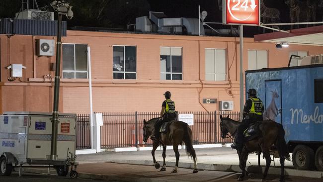 Officers of the Northern Territory's Mounted Police Unit patrol Alice Springs at night. Picture: Kevin Farmer