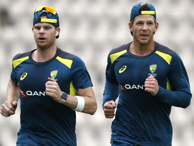 SOUTHAMPTON, ENGLAND - JULY 25: Steve Smith and Tim Paine of of Australia run laps after day three of the Australian Cricket Team Ashes Tour match between Brad Haddin XII and Graeme Hick XII at The Ageas Bowl on July 25, 2019 in Southampton, England. (Photo by Ryan Pierse/Getty Images)