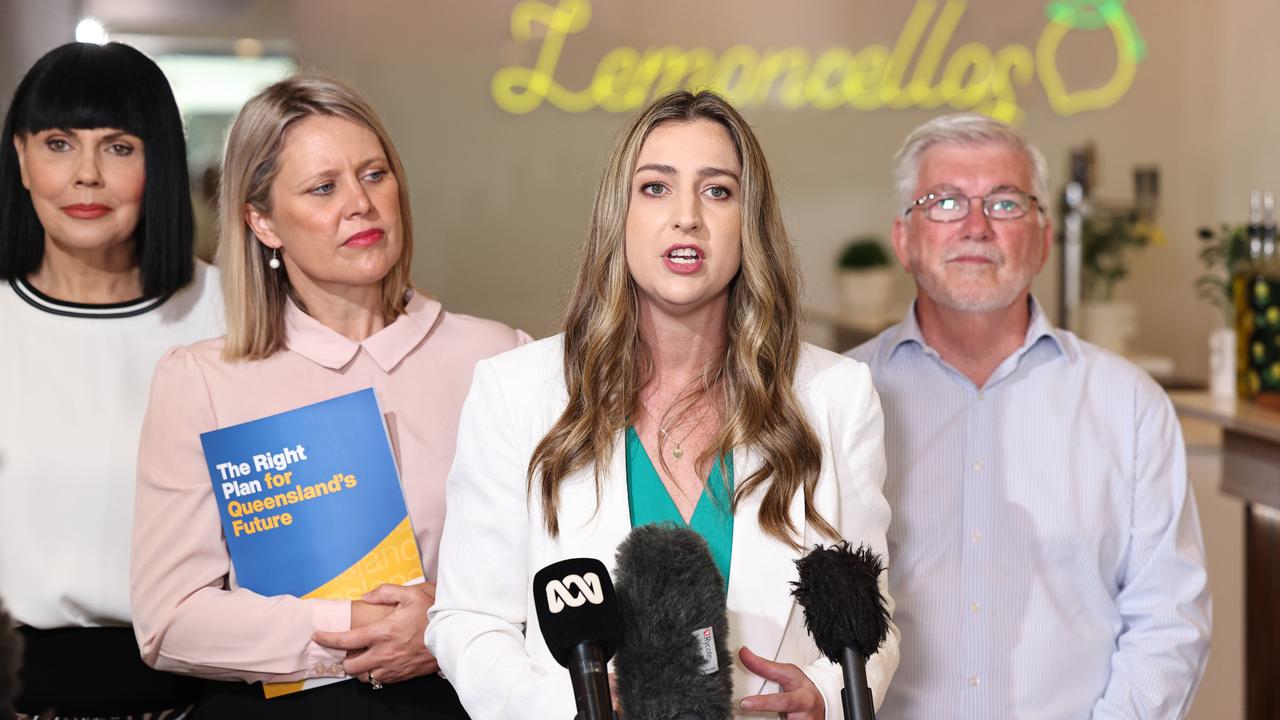 Opposition spokeswoman for Youth Justice Laura Gerber made the announcement in Cairns, flanked by LNP candidate for Cairns Yolonde Entsch, candidate for Barron River Bree James and candidate for Mulgrave Terry James. Picture: Brendan Radke