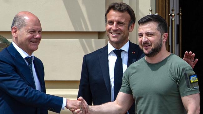 Ukrainian President Volodymyr Zelensky’s (right) at a meeting with German Chancellor Olaf Scholz (left) and France's President Emmanuel Macron (centre) in Kyiv in June. Picture: Getty Images