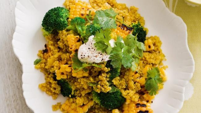 This spiced quinoa pilaf with corn and broccoli gets a gorgeous golden glow from turmeric.