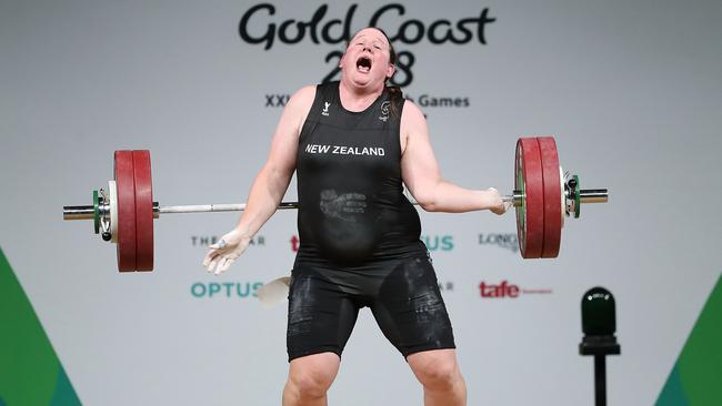 Laurel Hubbard injures her elbow during the women’s +90kg weightlifting final on Monday. Photo: Getty Images