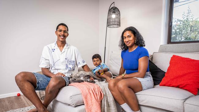 Norman Vellien and Melodie Naidoo, with their son Matteo and dog Mia in their new home in Pakenham, which has recorded a strong number of births. Picture: Jake Nowakowski