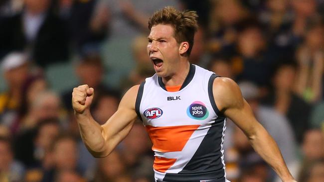 PERTH, AUSTRALIA — MAY 02: Toby Greene of the Giants celebrates a goal during the round five AFL match between the West Coast Eagles and the Greater Western Sydney Giants at Domain Stadium on May 2, 2015 in Perth, Australia. (Photo by Paul Kane/Getty Images)