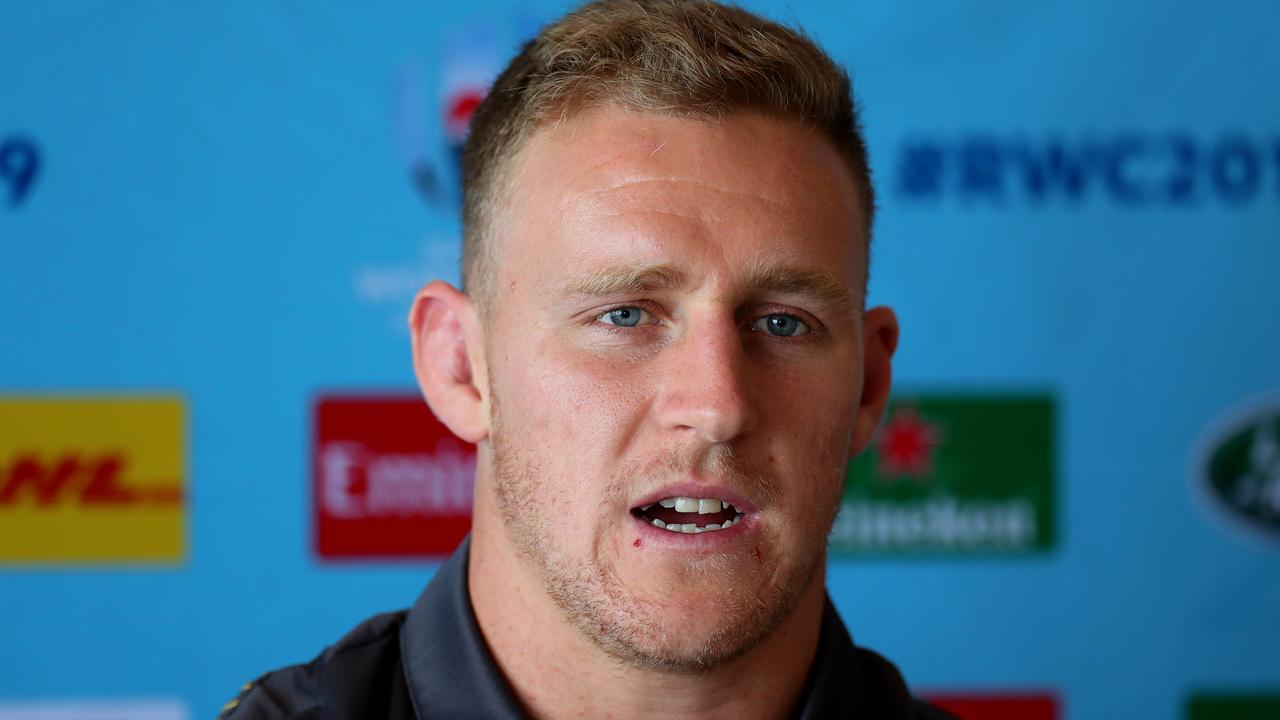 Reece Hodge of Australia speaks to the media at the 2019 Rugby World Cup.