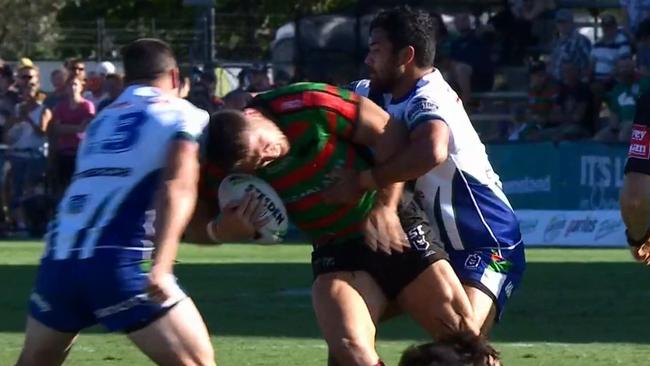 Sam Burgess injures his shoulder during a game against the Warriors on the Sunshine Coast.