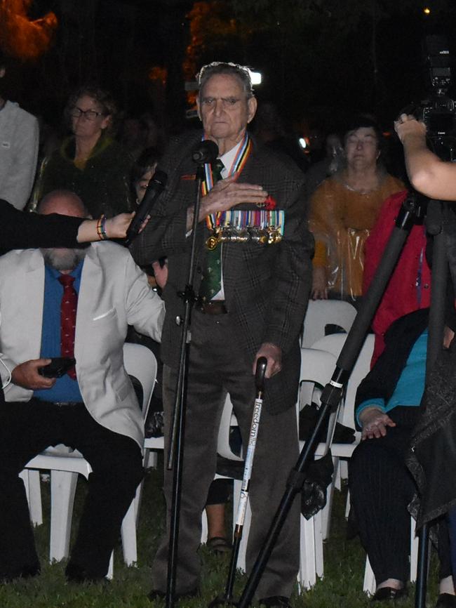 Victoria Cross recipient Keith Payne AM delivers the Ode at Mackay Anzac Day 2021 Dawn Service at Jubilee Park cenotaph. Picture: Tara Miko