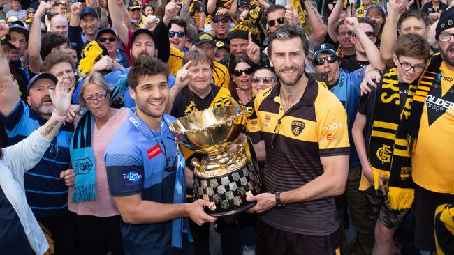 SANFL Captains James Battersby (Sturt) and Max Proud (Glenelg) with the Premiership Cup and fans in Rundle Mall. 23rd September 2023. Picture: Brett Hartwig