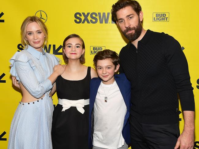 Blunt and Krasinski with their <i>A Quiet Place </i>kids — Simmonds and Jupe — at SXSW. Picture: Matt Winkelmeyer/Getty Images