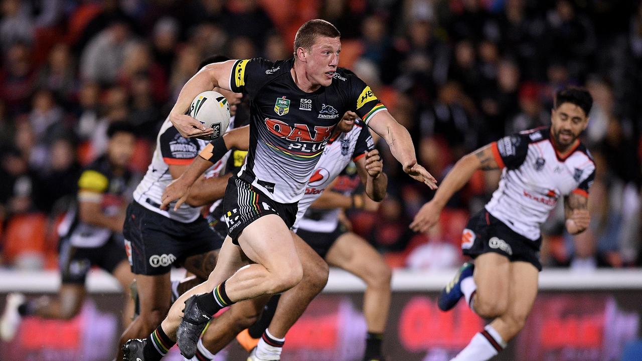 Jack Hetherington of the Panthers makes a break during the Round 17 NRL match between the Penrith Panthers and the Warriors.