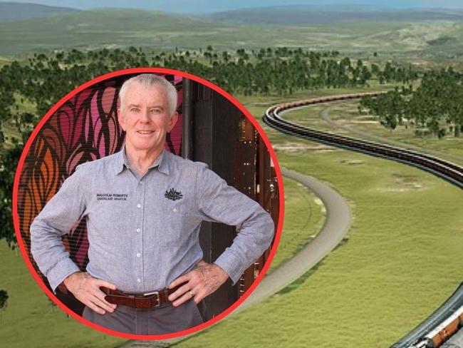 A 2024 artist's impression of the Iron Boomerang Project. Inset: Queensland One Nation senator Malcolm Roberts.