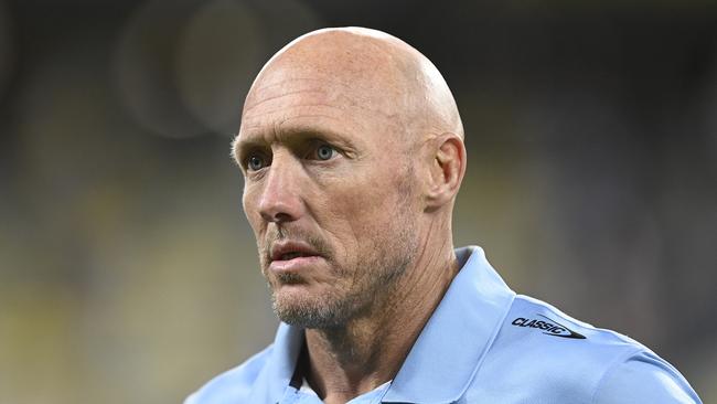 TOWNSVILLE, AUSTRALIA - AUGUST 17: Sharks coach Craig Fitzgibbon speaks after winning the round 25 NRL match between North Queensland Cowboys and Cronulla Sharks at Qld Country Bank Stadium on August 17, 2023 in Townsville, Australia. (Photo by Ian Hitchcock/Getty Images)