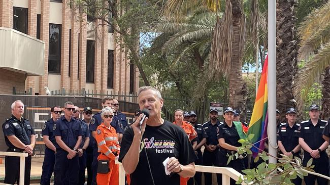 FABalice chairman Stuart Ord speaks at the rainbow flag-raising ceremony. Image: DANIEL WOOD