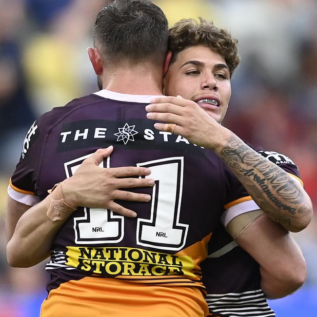 Kurt Capewell and Reece Walsh celebrate victory against the Cowboys. Picture: Getty