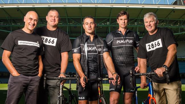 Wayne Schwass (left) launches his Puka Up ride with fellow footy greats Scott Cummings, Paul Licuria, Justin Koschitzke and Danny Frawley. Picture: Eugene Hyland