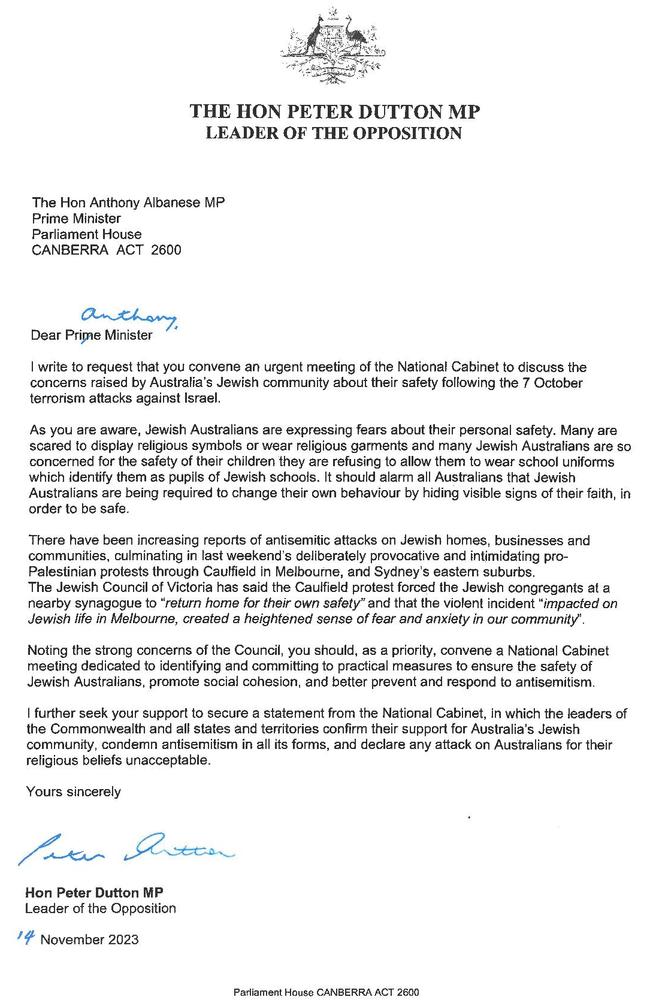 Peter Dutton's letter to the Prime Minister