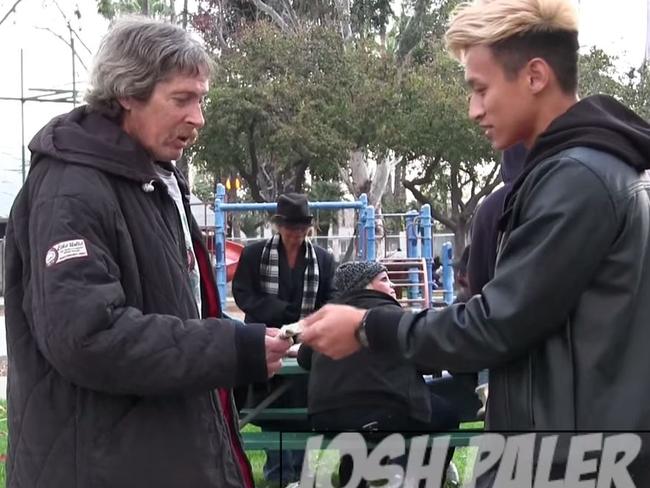 Rewarded ... Josh Paler Lin gave the homeless man another $US100 to thank him for his kindness. Picture: YouTube/Josh Paler Lin