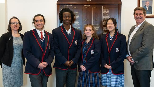 Heathdale Christian College captains Chloe Zimmerman and Geta Gebremichael, with Vice-Captains Endria Ang and Michael Lozanovski