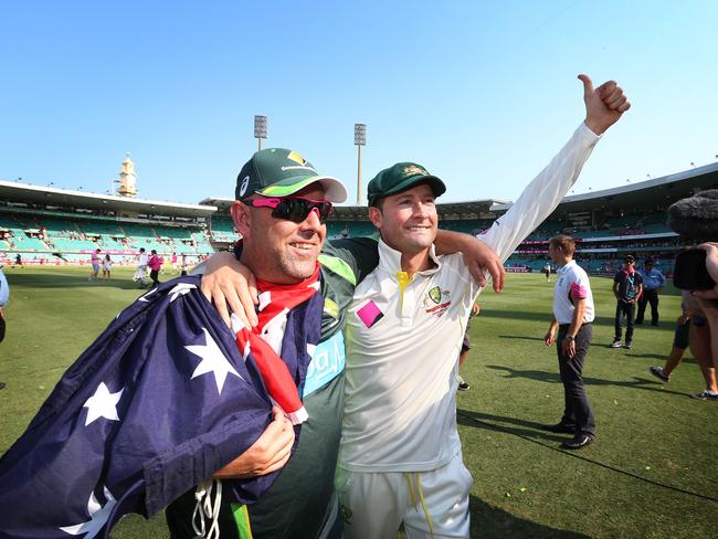 Coach Darren Lehmann and Australian captain Michael Clarke in 2014, celebrating a 5-0 clean sweep of The Ashes after defeating England. Picture: Phil Hillyard