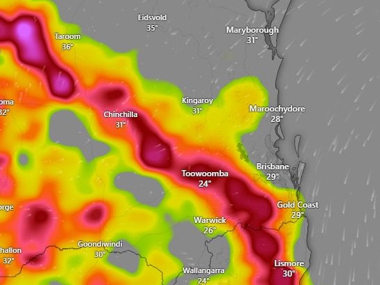 High rainfall totals and thunderstorms are expected this week across Brisbane. Credit; Windy