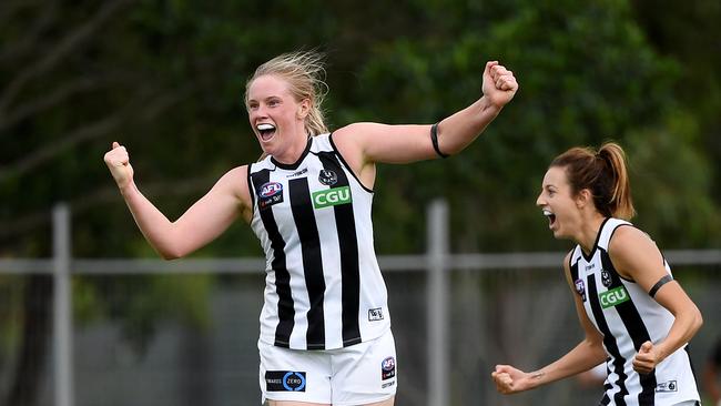 Sarah D'Arcy celebrates a goal with Steph Chiocci. Picture: AAP Image/Dan Peled