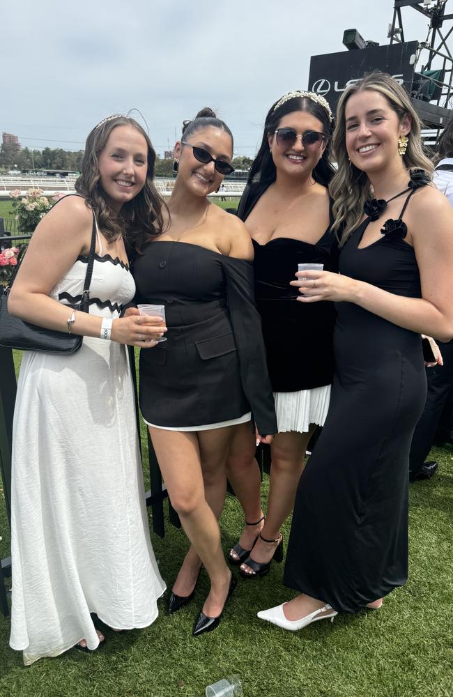 Abby Port, Mikayla Flood, Leah Bacak and Rachel Fitzgerald at Flemington for Derby Day on November 2, 2024. Picture: Phillippa Butt