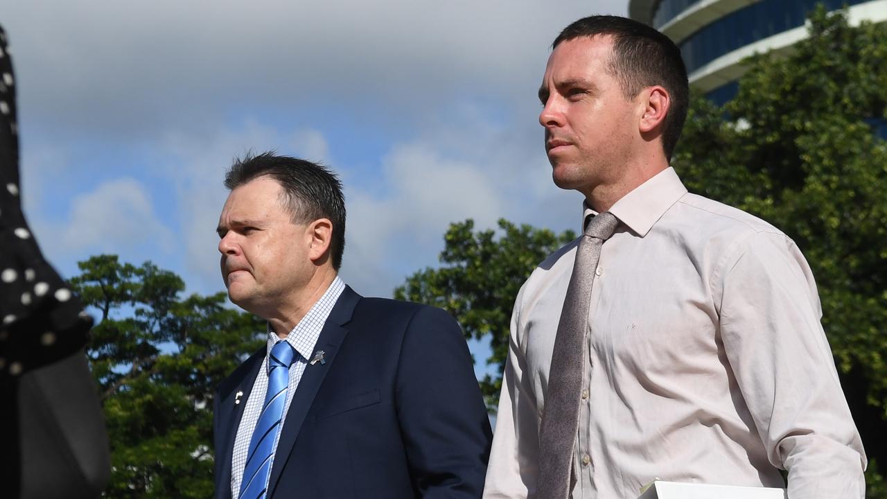 Police Union president Paul McCue with Zach Rolfe at the Darwin Supreme Court during his murder trial, for which he was acquitted of all charges. Picture: (A)manda Parkinson