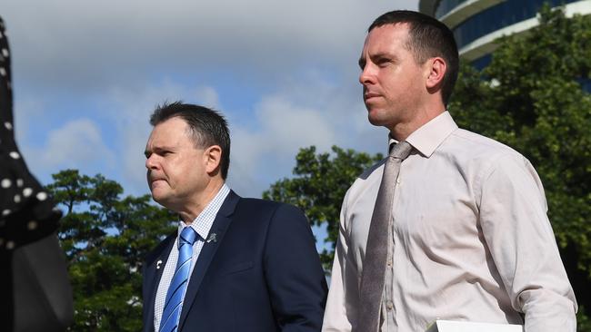 Police Union president Paul McCue with Zach Rolfe at the Darwin Supreme Court during his murder trial, for which he was acquitted of all charges. Picture: (A)manda Parkinson