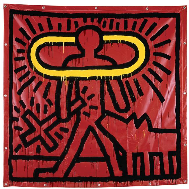 Keith Haring’s Untitled, 1982 vinyl paint and vinyl ink on vinyl tarpaulin.