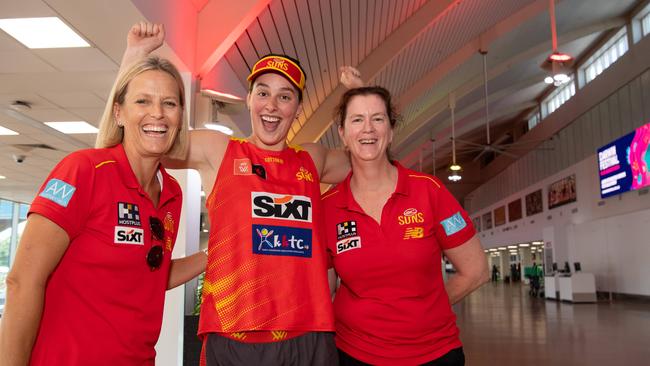 Wendy Marshall, Katie Lynch and Dominique Burgess fans as the Gold Coast Suns land in Darwin for their AFL double header. Picture: Pema Tamang Pakhrin