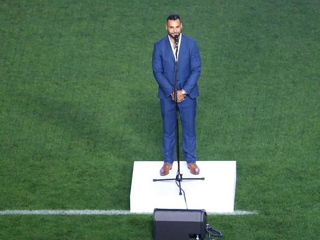 Mr Thomas made headlines last week when he sensationally pulled the pin on his company’s long-term sponsorship of the Titans, citing Ryan James’s, pictured, “embarrassing” and “offensive” Welcome To Country gaffe during the Grand Final as the catalyst. Picture: Jason McCawley/Getty Images