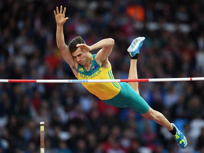 Kurtis Marschall clears the bar during the pole vault final at the world championships in London. Picture: Matthias Hangst/Getty Images