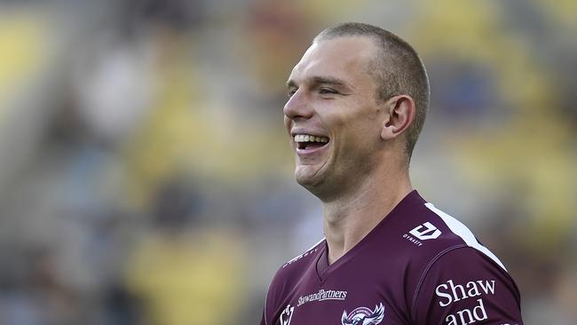 TOWNSVILLE, AUSTRALIA - SEPTEMBER 04:  Tom Trbojevic of the Sea Eagles looks on before the start of the round 25 NRL match between the North Queensland Cowboys and the Manly Sea Eagles at QCB Stadium, on September 04, 2021, in Townsville, Australia. (Photo by Ian Hitchcock/Getty Images)