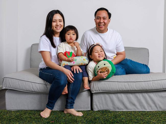 Jessica Yustantio and Kenrick Setiobudi, with their child Kimberley (5) at home in the Inner West, will become a foundational family at co-ed independent school Reddam House's new north shore campus in 2025 Picture: Justin Lloyd.