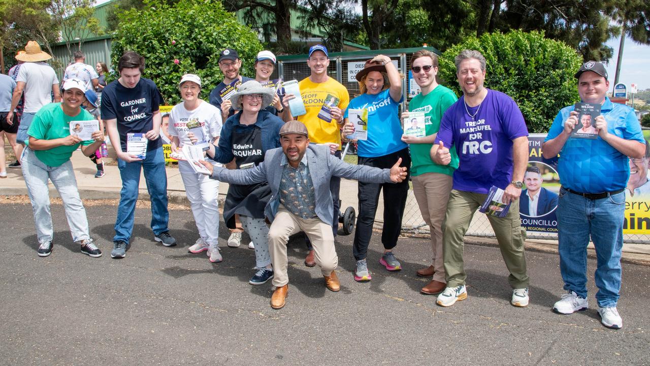 Campaign helpers at Glenvale State School polling booth with councillor candidate, Eakraj Adhikari (front). TRC election Saturday March 16, 2024. Picture: Bev Lacey