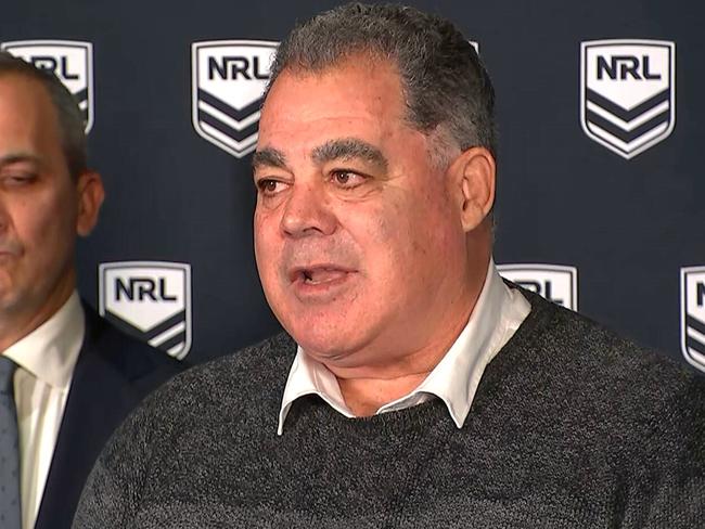 Mal Meninga faced reporters with ARLC chief executive Andrew Abdo.