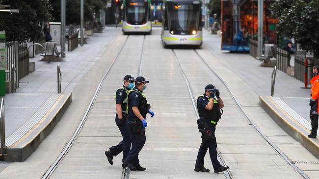 Melbourne’s streets are quiet under stage four restrictions. Picture: Alex Coppel.