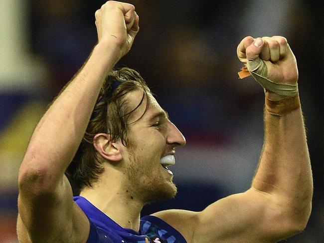 Marcus Bontempelli of the Bulldogs reacts after the final siren during the round 11 AFL match between the Western Bulldogs and the West Coast Eagles at Etihad Stadium in Melbourne, Saturday, June 4, 2016. (AAP Image/Julian Smith) NO ARCHIVING, EDITORIAL USE ONLY