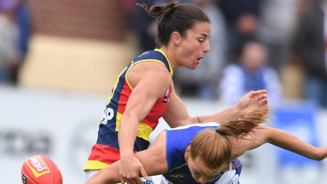 Adelaide’s Renee Forth tackles during the Crows’ clash with the Kangaroos. Picture: Steve Bell/Getty Images