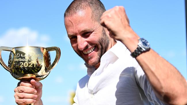 Verry Elleegant owner Brae Sokolski poses with the Melbourne Cup. Picture: Quinn Rooney