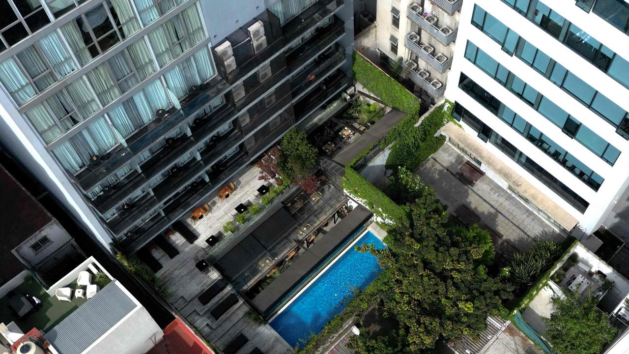 An aerial view of the poolside area of the Casasur Hotel where Liam Payne was found dead. Picture: Luis Robaya/AFP