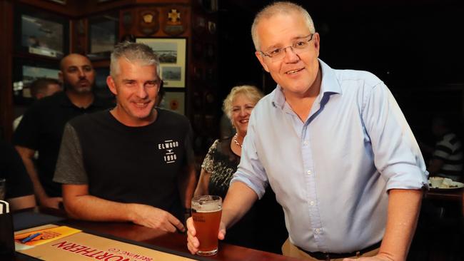 Scott Morrison has a beer at the Criterion Hotel in Rockhampton, in Queensland.  Picture: Alex Coppel 