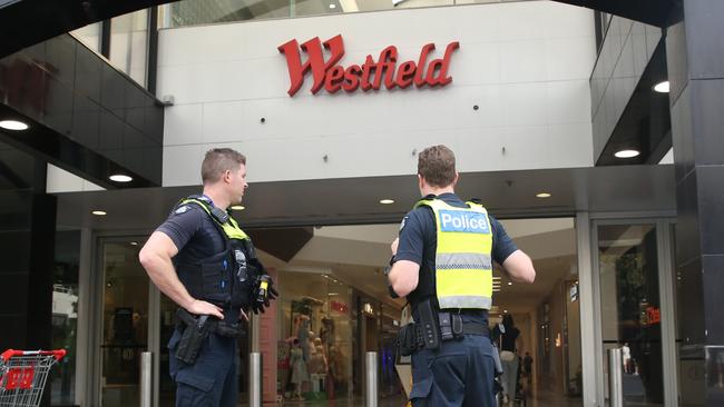 Geelong police officers patrolling Westfield Geelong during Operation Bingo. Picture: Alan Barber